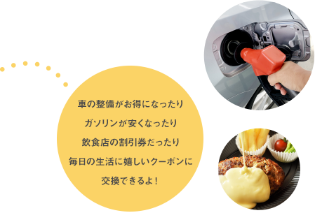 車の整備が超お得になったりガソリンがめっちゃ安くなったり飲食店の割引券だったり毎日の生活に嬉しいクーポンに交換できるよ！
